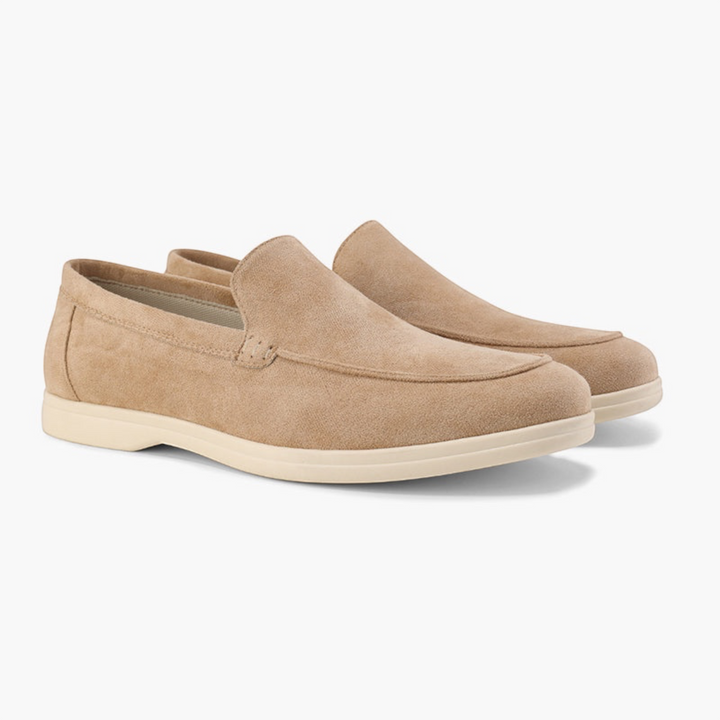Luna Moda ROMEO beige suede loafers with detailed stitching and a supportive comfort insole for everyday wear.