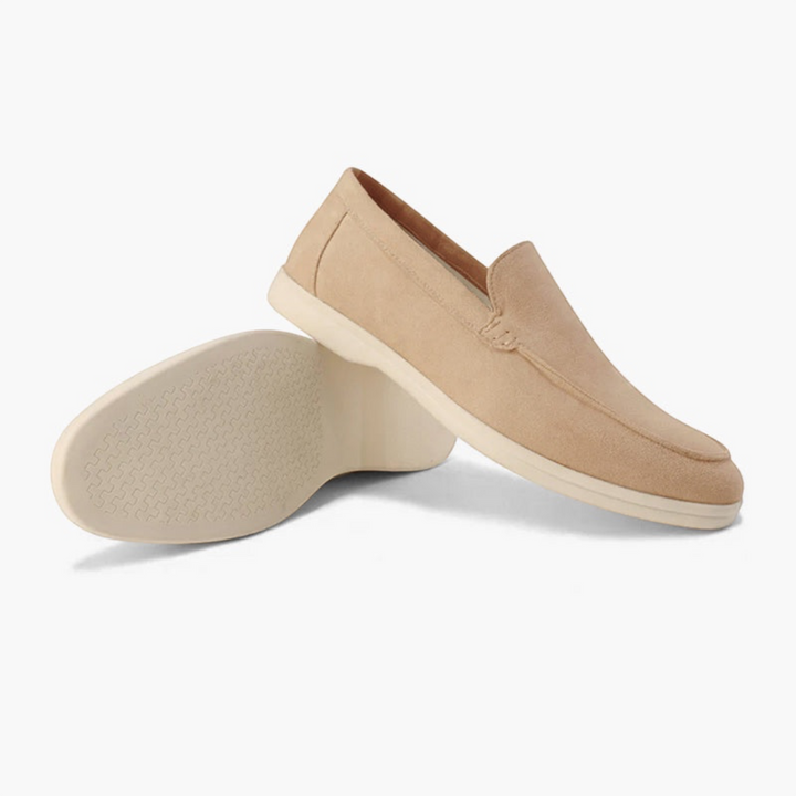Luna Moda ROMEO beige suede loafers with supportive insoles and detailed stitching on a white background
