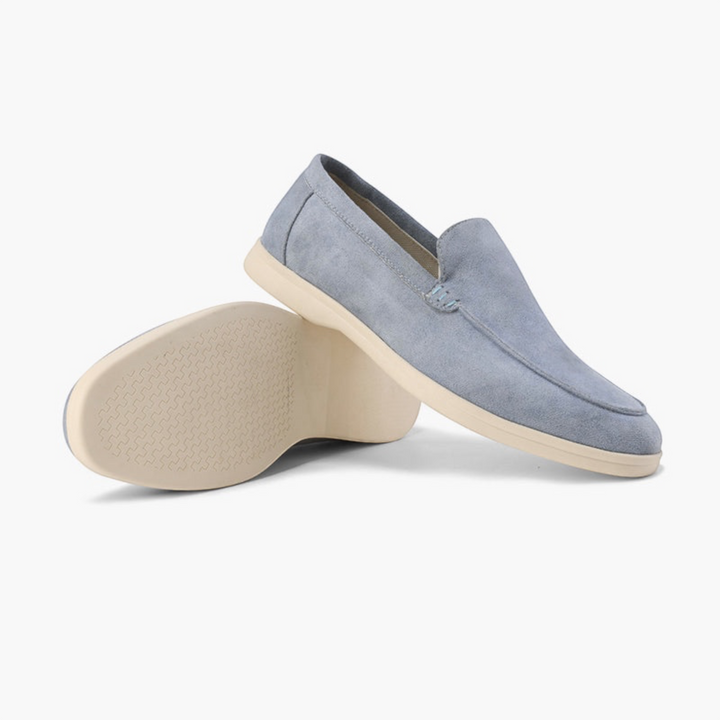 Luna Moda ROMEO light blue suede loafers with supportive inner sole and textured beige rubber outsole
