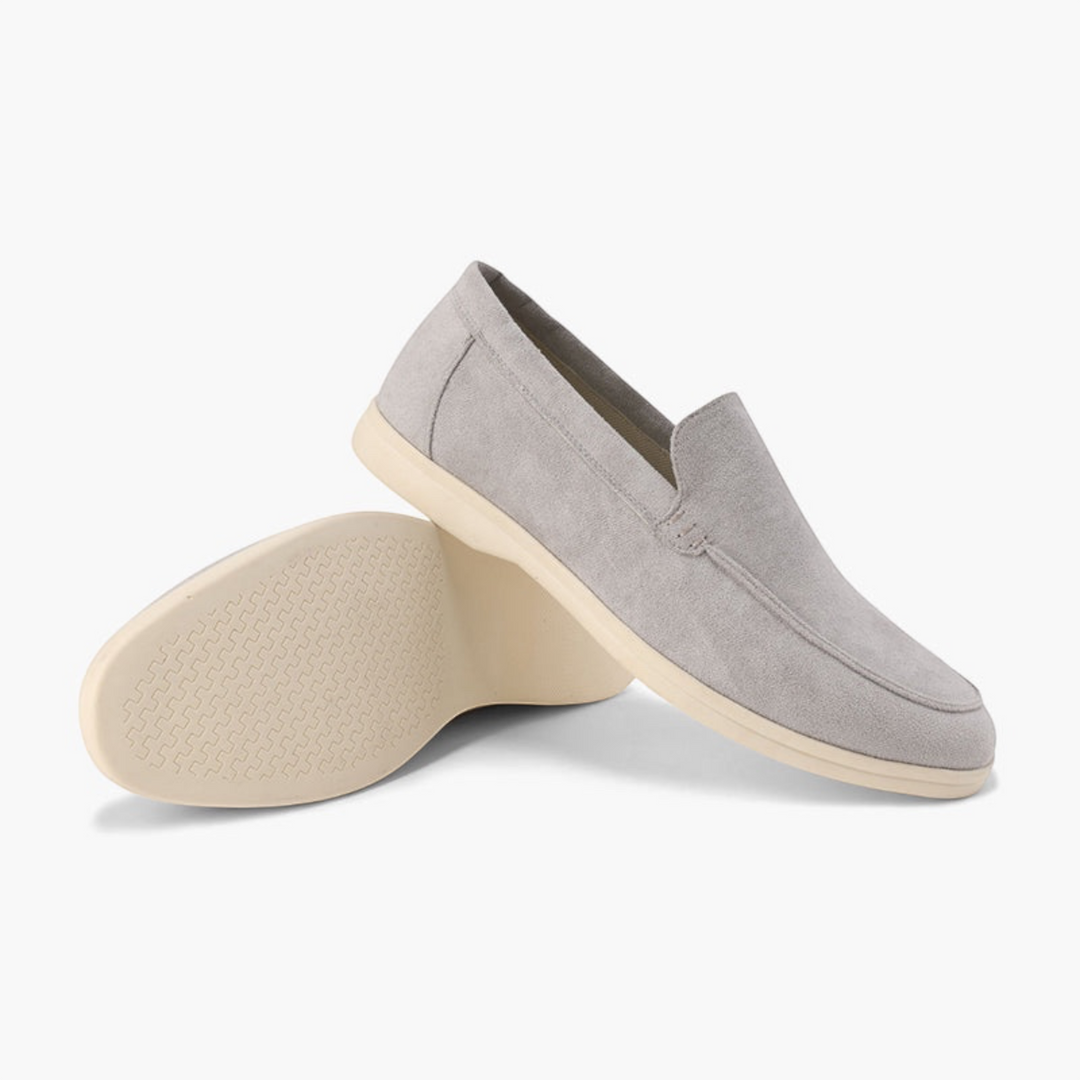 Luna Moda Romeo grey suede loafers with supportive inner sole and textured beige rubber outsole