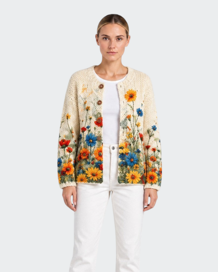 Luna Moda Rosalia cream knit cardigan featuring a vibrant vintage wildflower print, button front, and long sleeves.