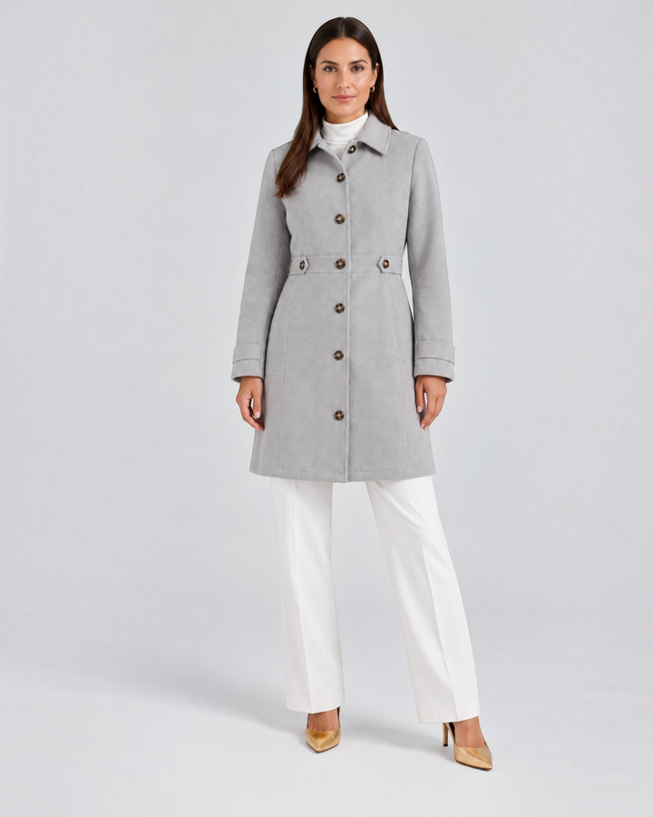 Luna Moda Rosalinda short grey wool-blend coat with button closure worn by a model with white trousers