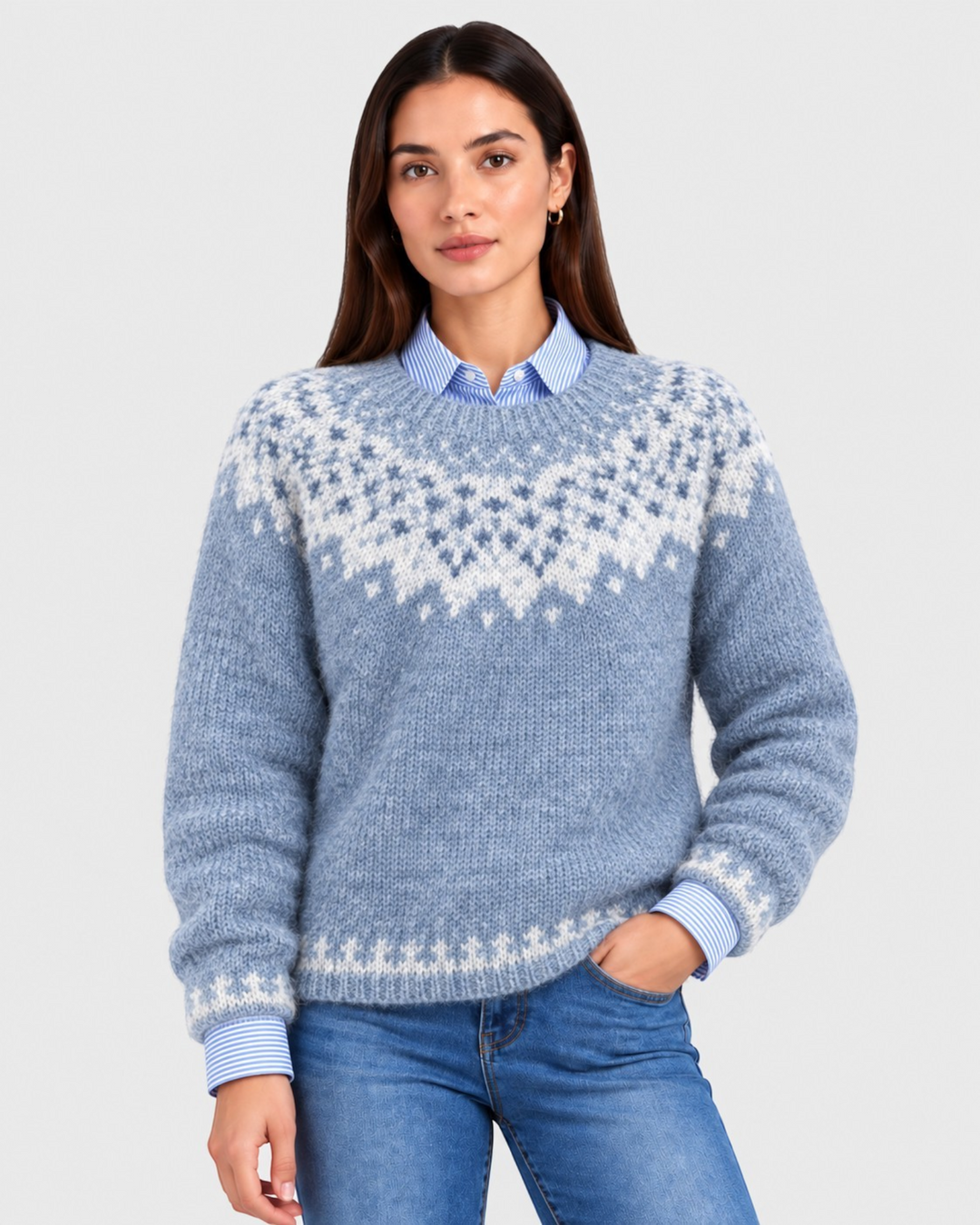 Luna Moda Rossella relaxed fit blue Fair Isle sweater with white Nordic yoke pattern and ribbed cuffs