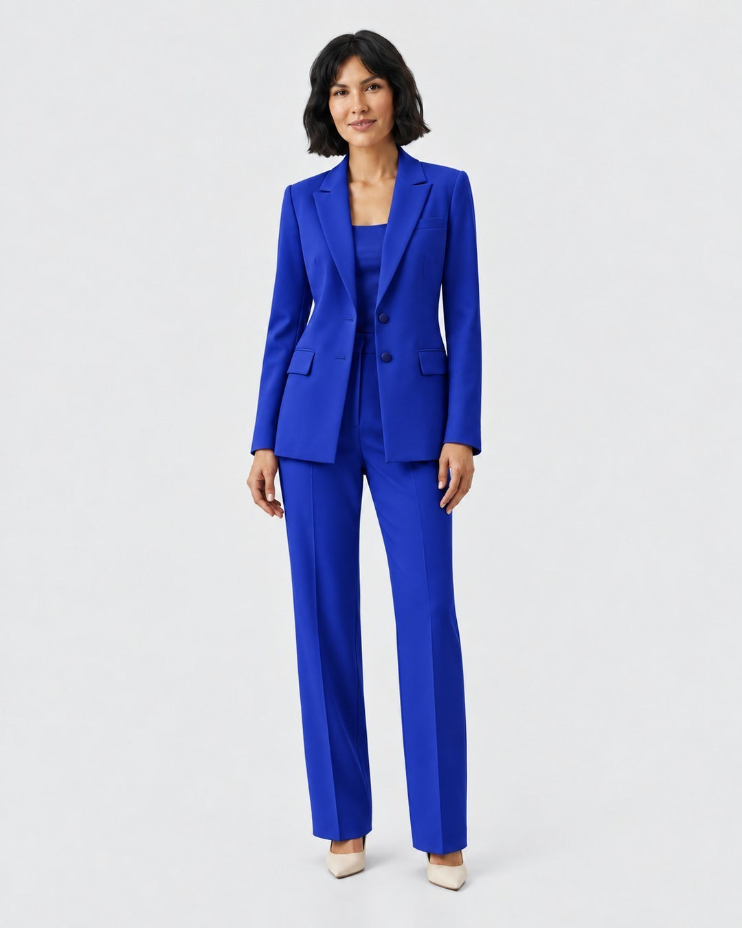 Luna Moda royal blue structured blazer and tailored trousers suit worn by a woman on a white background