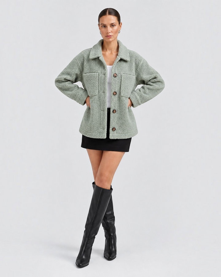 Luna Moda sage green textured fleece jacket with lapel collar, front buttons, and chest pockets on a female model