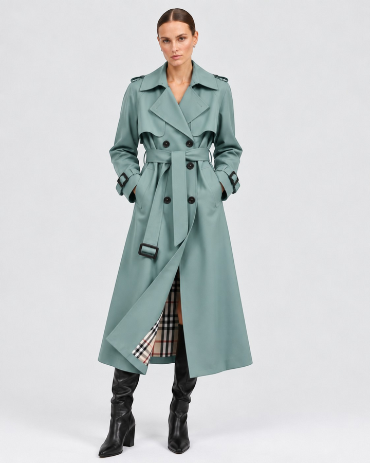 Luna Moda double-breasted trench coat in sage green with a belted waist and plaid lining, worn by a model.