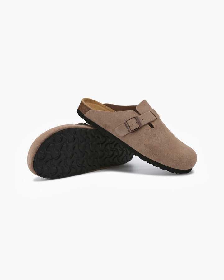 Luna Moda Sebastian beige suede calfskin clogs with a leather insole and adjustable buckle strap