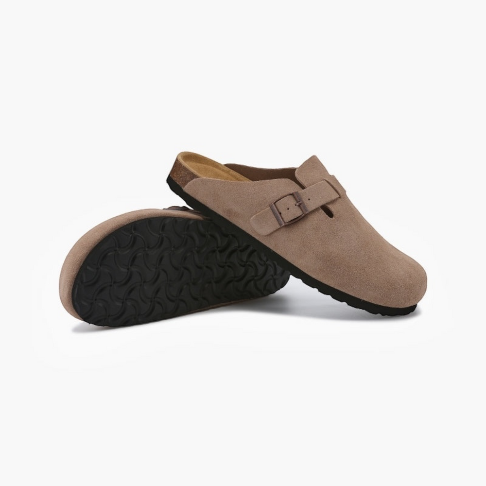 Luna Moda Sebastian beige suede calfskin clogs with a leather insole and adjustable buckle strap
