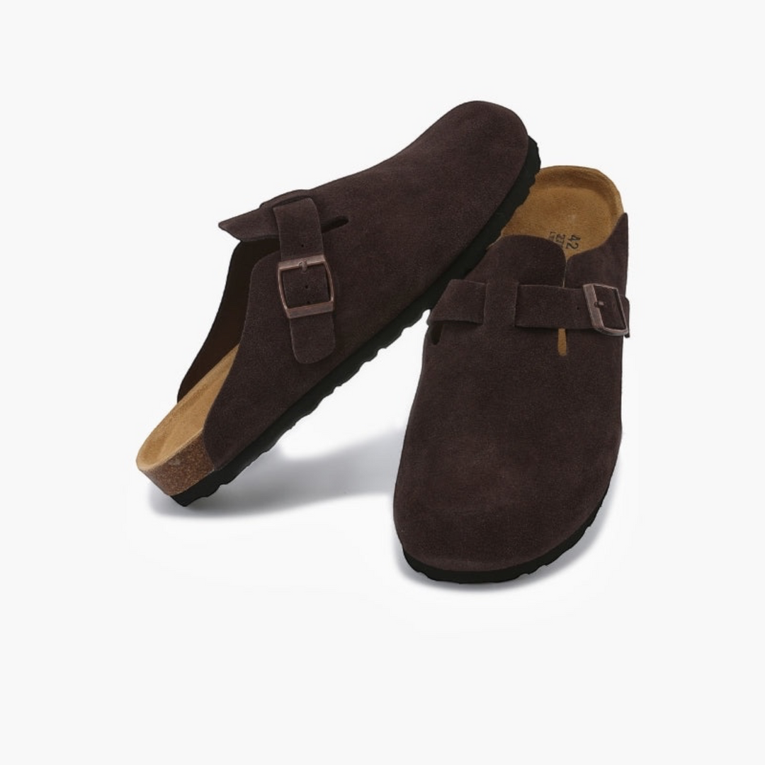 Luna Moda SEBASTIAN dark brown calf suede clogs with adjustable buckle strap and comfortable leather insole