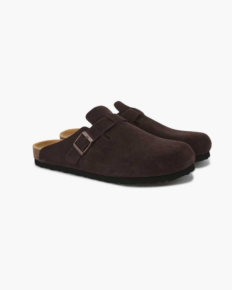 Luna Moda SEBASTIAN dark brown suede calfskin clogs with a buckle strap and leather insole on a white background