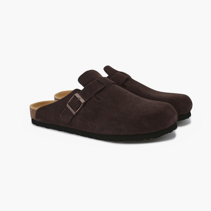 Luna Moda SEBASTIAN dark brown suede calfskin clogs with a buckle strap and leather insole on a white background