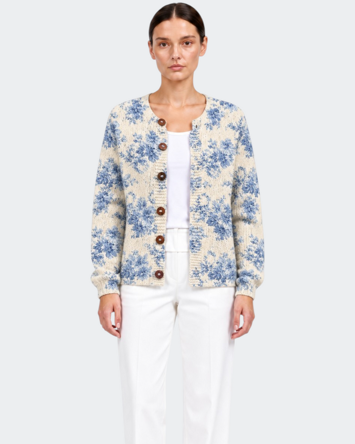Luna Moda Simona cardigan with blue vintage floral print on cream knit fabric and tortoise shell buttons
