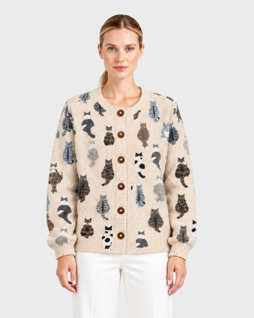Sofia – Cardigan con stampa gatti in beige | Luna Moda