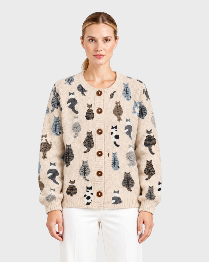 Sofia – Cardigan con stampa gatti in beige | Luna Moda