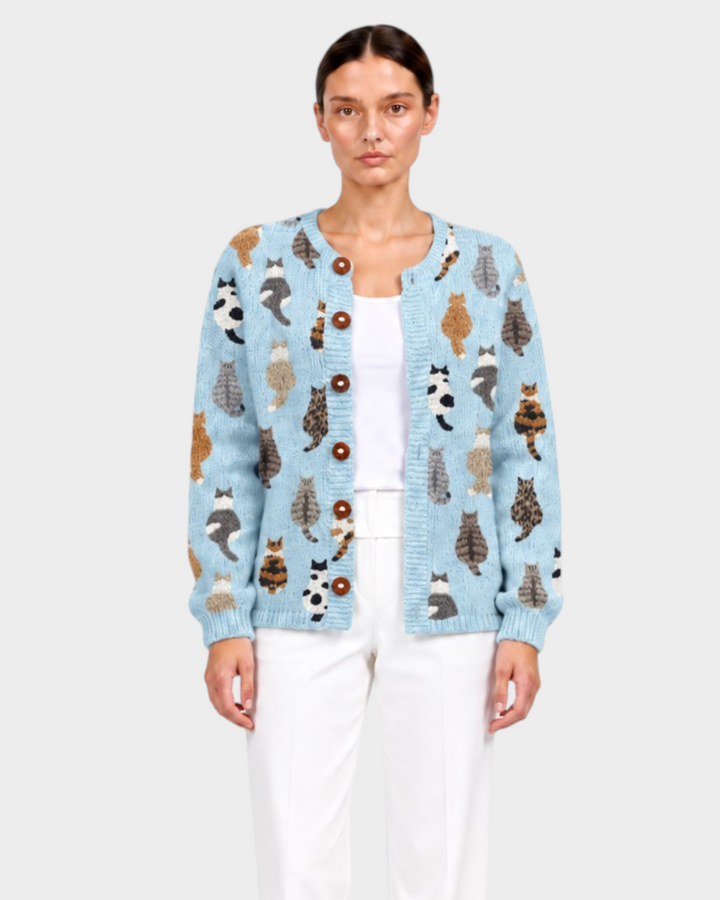 Luna Moda Sofia light blue knit cardigan featuring a playful all-over cat print and front button closure