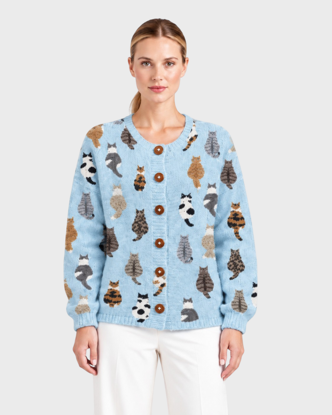 Sofia – Cardigan con stampa gatti in azzurro | Luna Moda