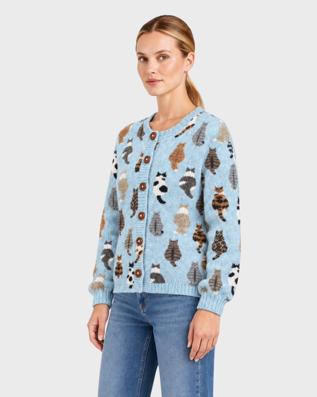 Sofia – Cardigan con stampa gatti in azzurro | Luna Moda