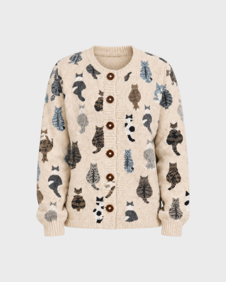 Sofia – Cardigan con stampa gatti in beige | Luna Moda