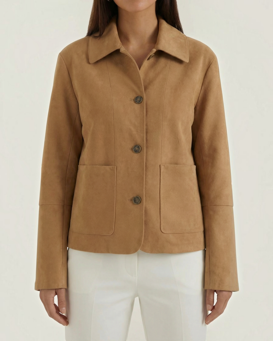 Luna Moda Julie tan suede-effect short jacket with button closure and front pockets worn by a model