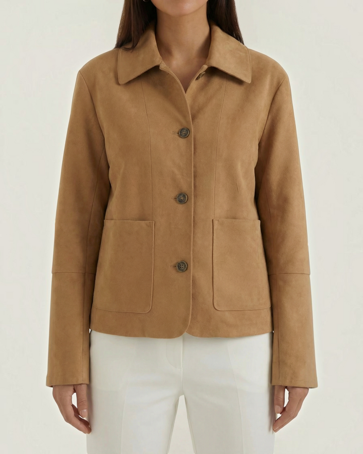 Luna Moda Julie tan suede-effect short jacket with button closure and front pockets worn by a model