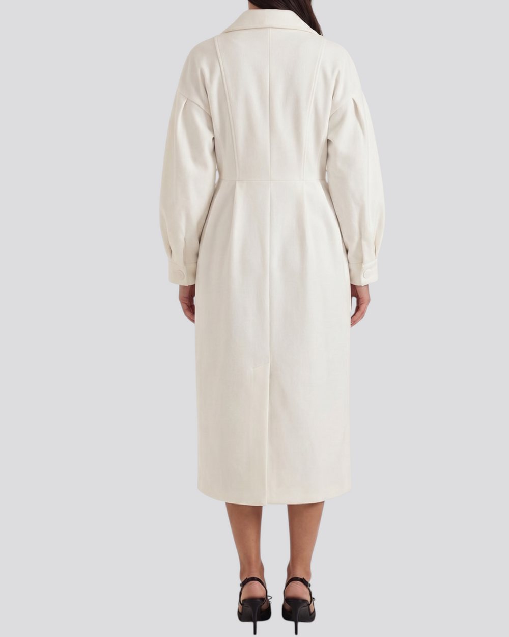 Luna Moda Stephanie white trench coat with a defined silhouette and long sleeves, back view on a model.