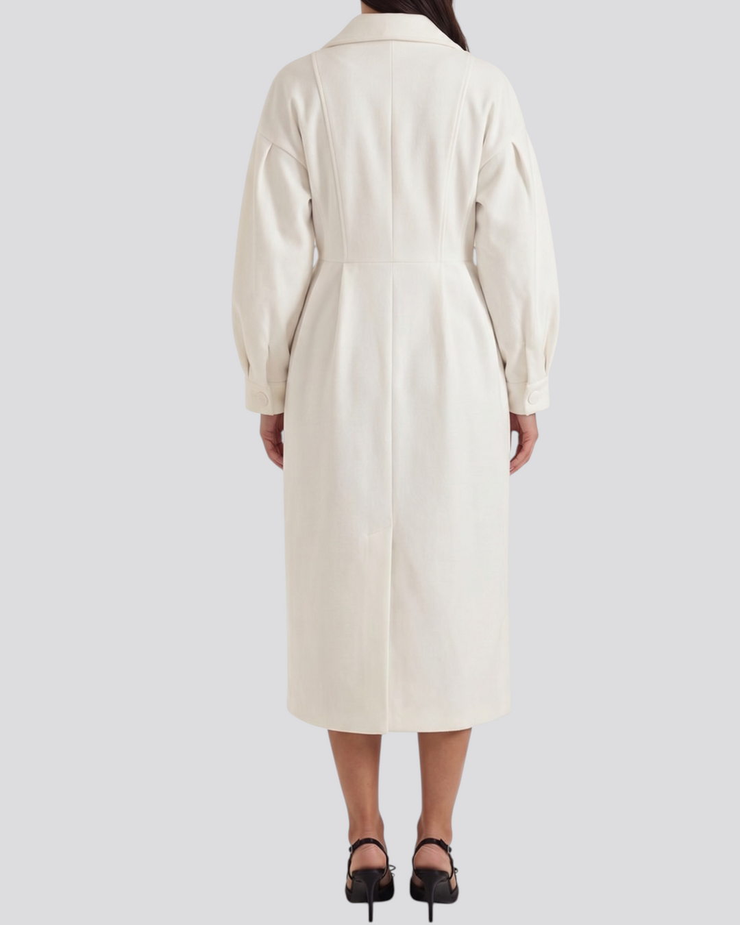 Luna Moda Stephanie white trench coat with a defined silhouette and long sleeves, back view on a model.