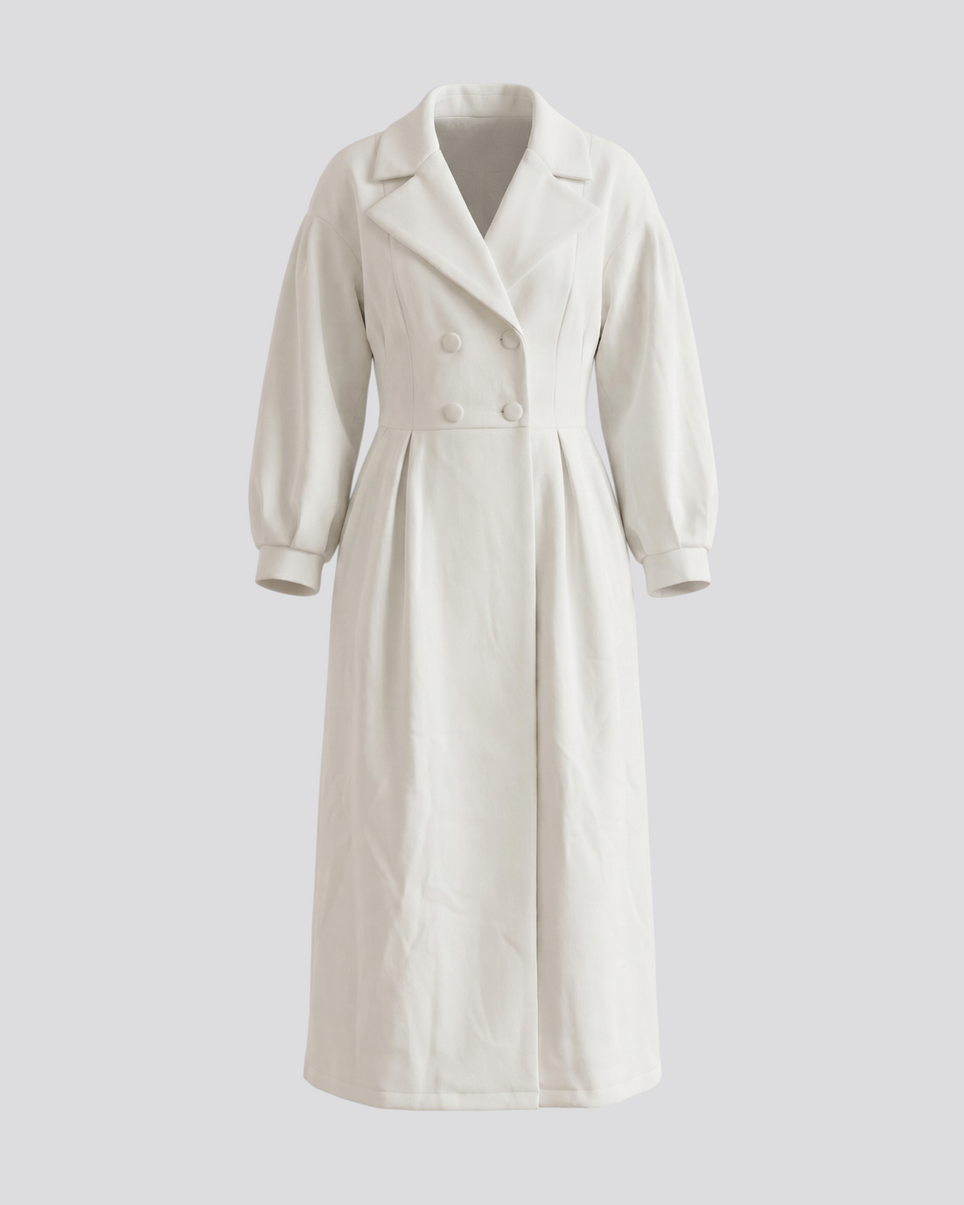 Luna Moda Stephanie white trench coat with a defined waist, notched lapels, and long sleeves on a neutral background.