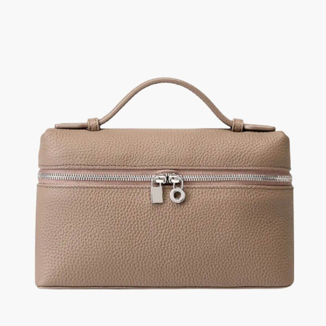Luna Moda structured beige handbag with pebbled leather texture, silver zip closure, and top handle.