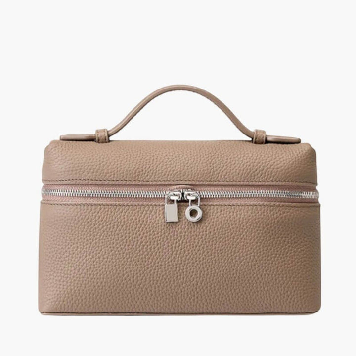 Luna Moda structured beige handbag with pebbled leather texture, silver zip closure, and top handle.
