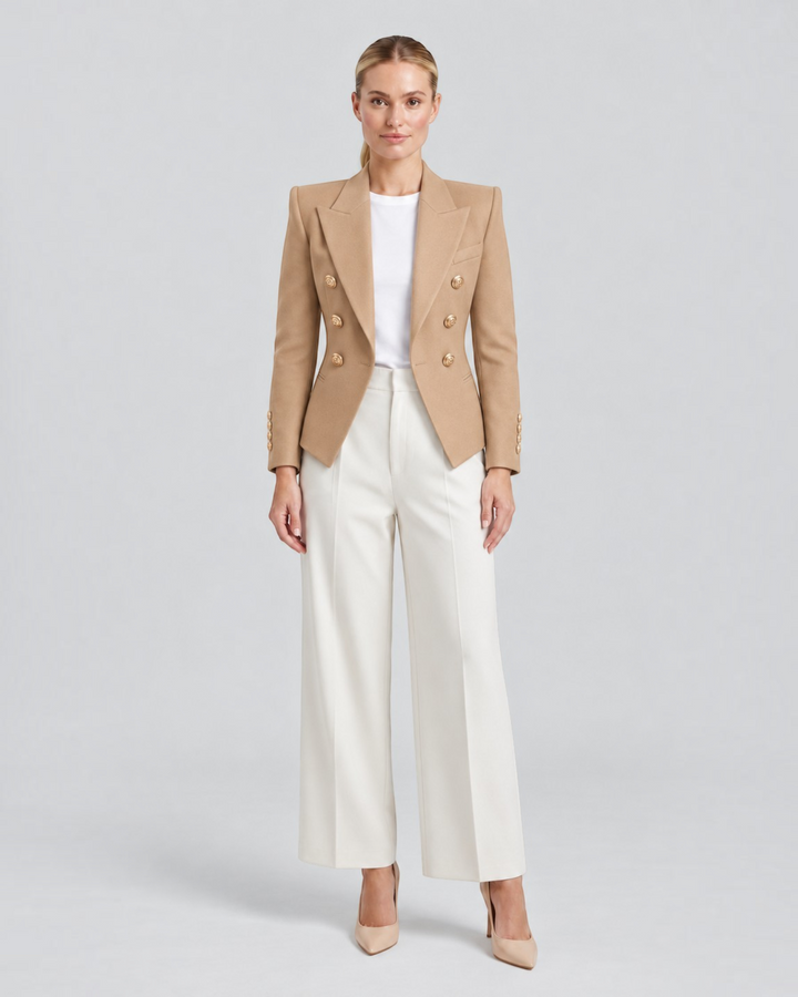 Luna Moda structured camel blazer with gold decorative buttons worn by a model with white trousers and heels.