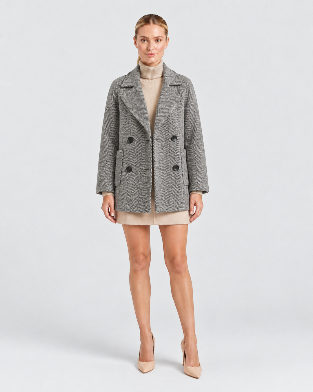 Luna Moda Daniela grey herringbone double-breasted short coat with wide lapels worn by a model