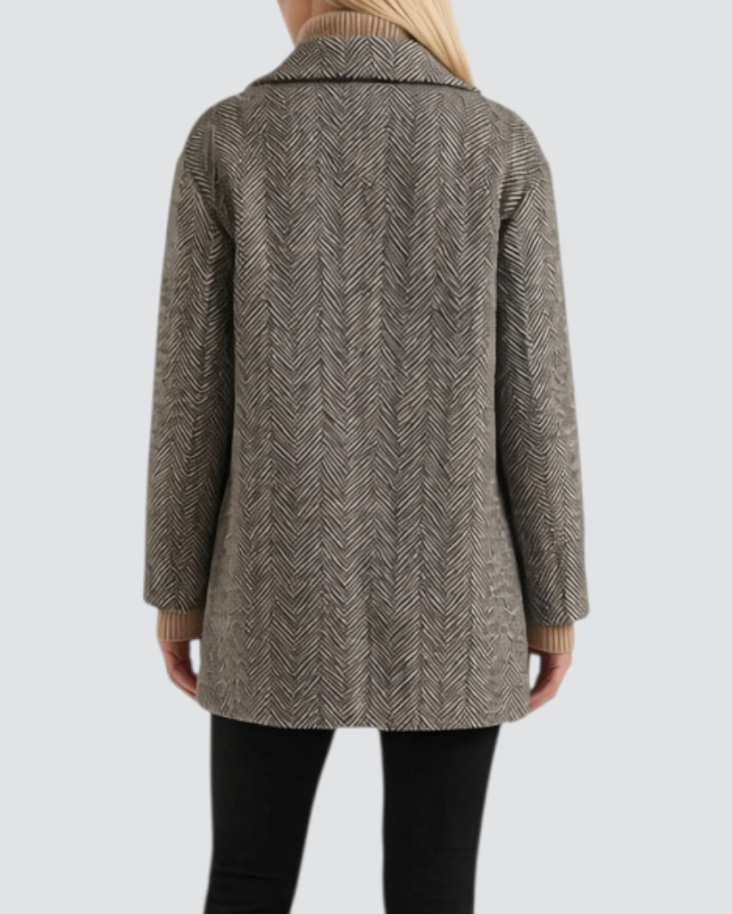 Luna Moda Daniela short double-breasted coat in grey herringbone wool with wide lapels, back view on a model.