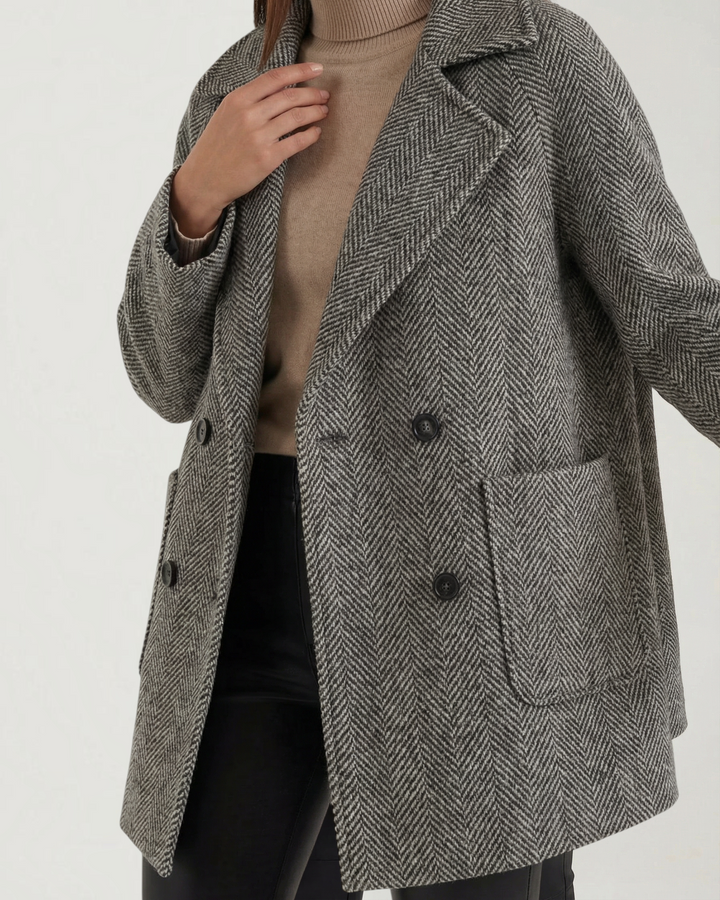 Luna Moda Daniela short double-breasted coat in grey herringbone wool with wide lapels and front pockets