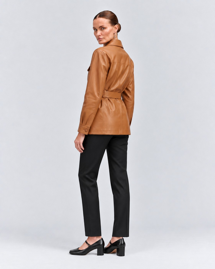 Luna Moda Cristiana tan PU leather jacket with adjustable waist belt and large pockets worn by a model, back view