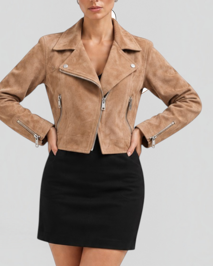 Luna Moda tan suede biker jacket with silver zippers and wide collar worn by a model with a black skirt and boots