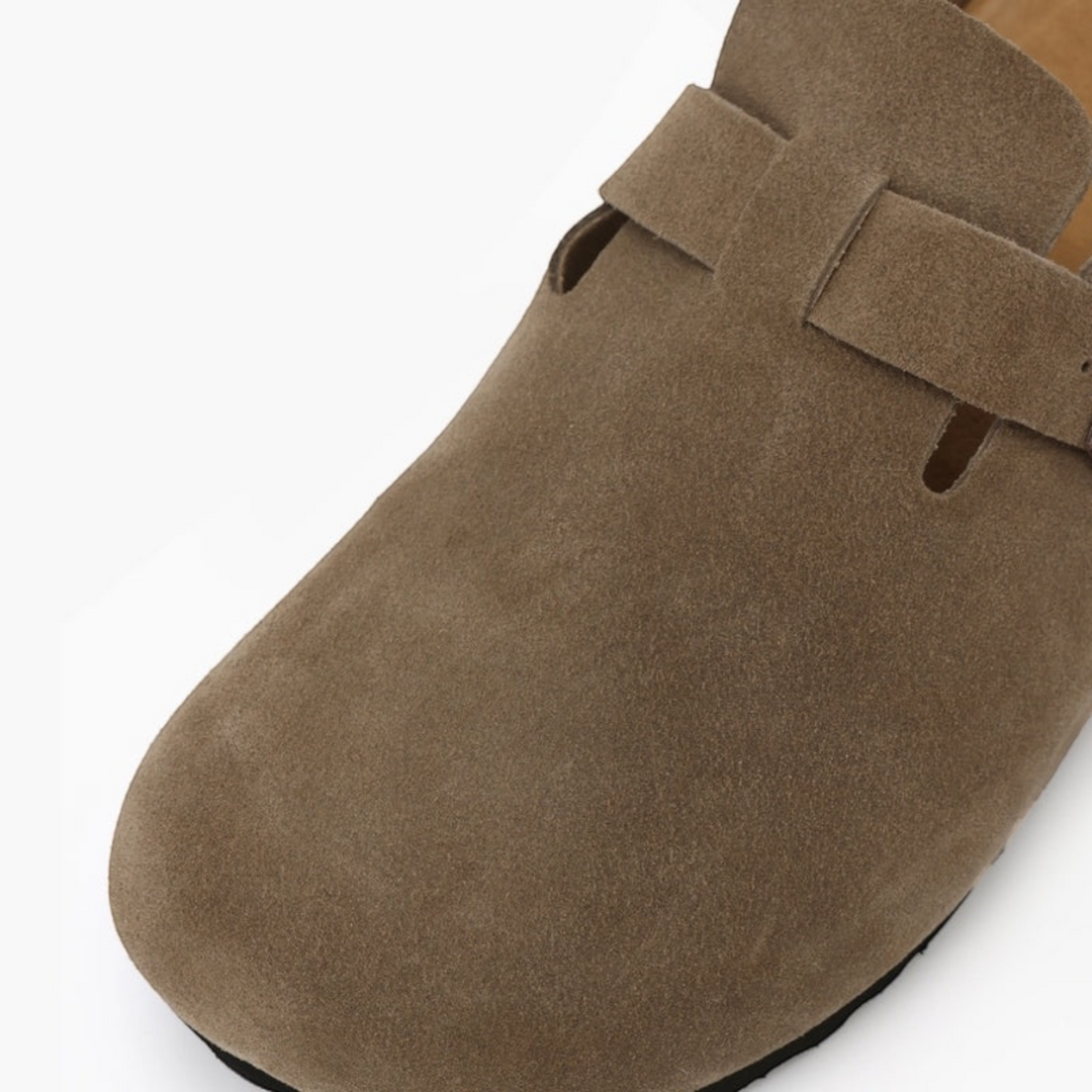 Luna Moda Sebastian taupe suede leather clogs with delicate stitching and a clean slip-on design