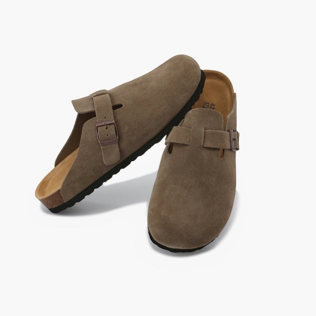 Luna Moda SEBASTIAN taupe suede leather clogs with adjustable buckle strap and comfortable leather insole