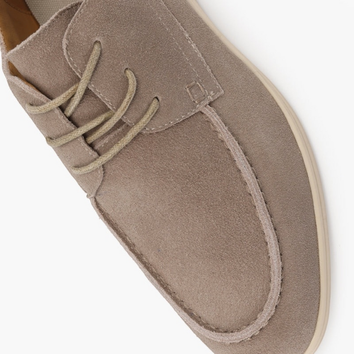 Luna Moda RAUL premium taupe suede lace-up shoes with a lightweight sole, top-down view.