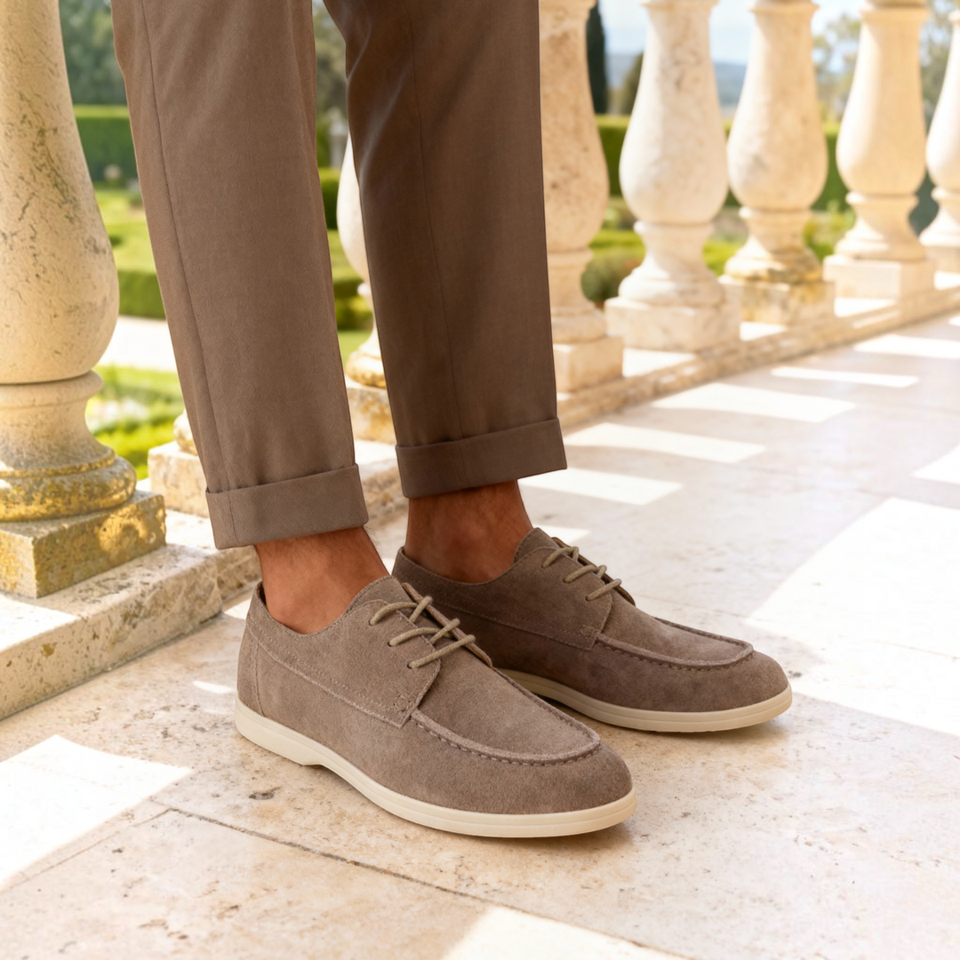 Luna Moda premium taupe suede lace-up shoes with a lightweight sole worn with tailored trousers in an outdoor setting