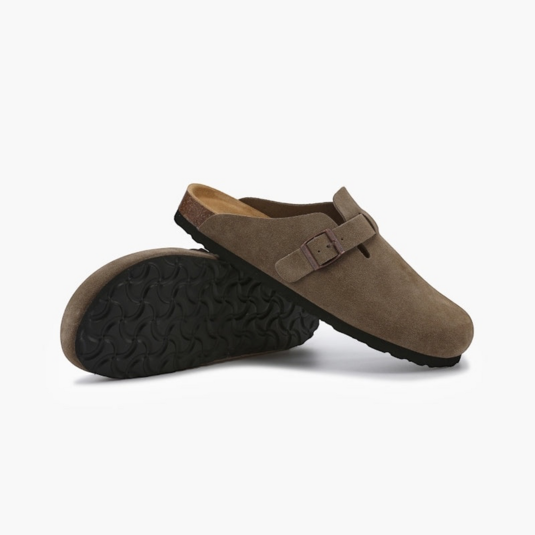 Luna Moda SEBASTIAN taupe suede leather clogs with a buckle strap and comfortable leather insole