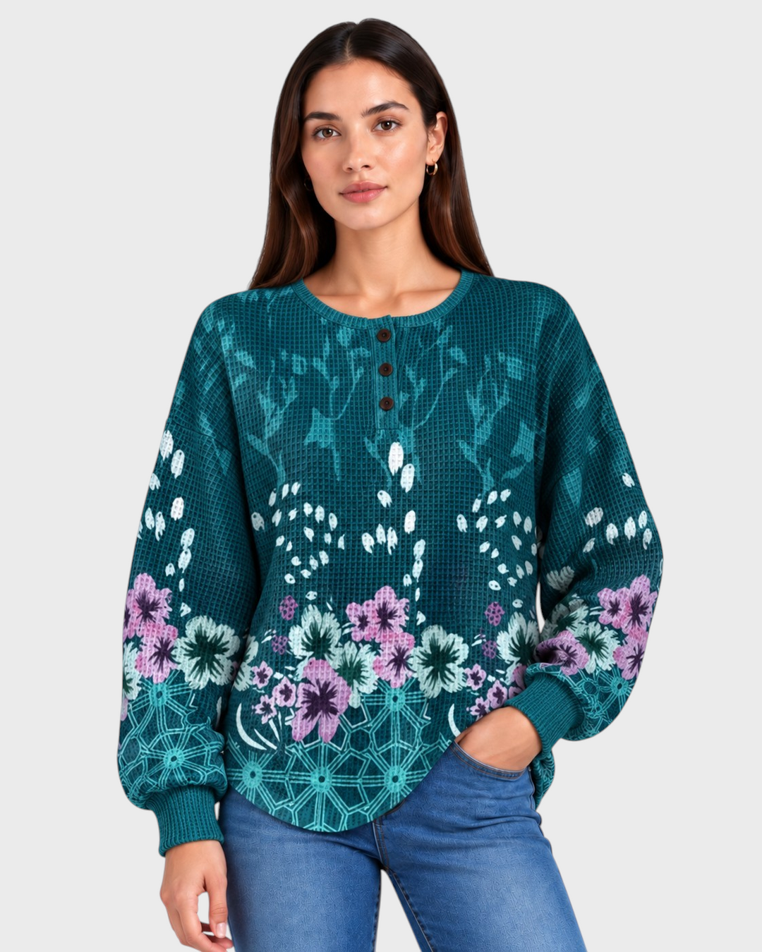 Elsa – Maglia oversize con stampa floreale in blu, dettaglio | Luna Moda
