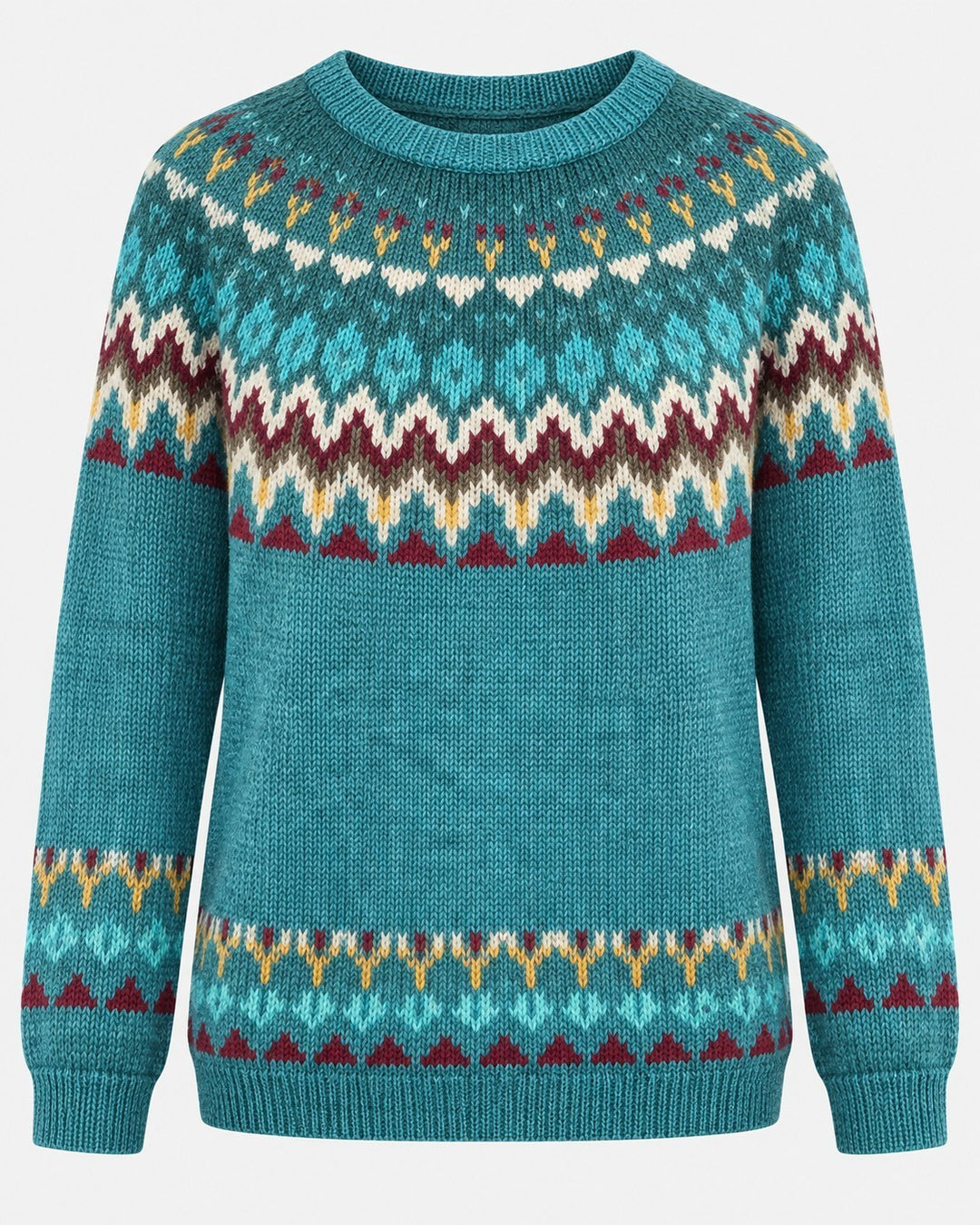 Luna Moda Barbara sweater in teal with a colorful Nordic-inspired geometric pattern and soft knit texture.