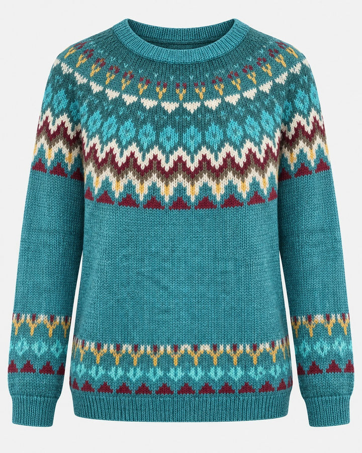 Luna Moda Barbara sweater in teal with a colorful Nordic-inspired geometric pattern and soft knit texture.