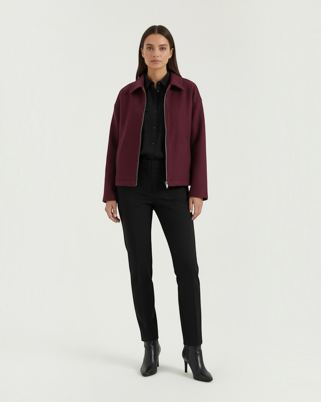 Luna Moda Teresa burgundy zip-up jacket with a relaxed fit and classic collar worn by a model