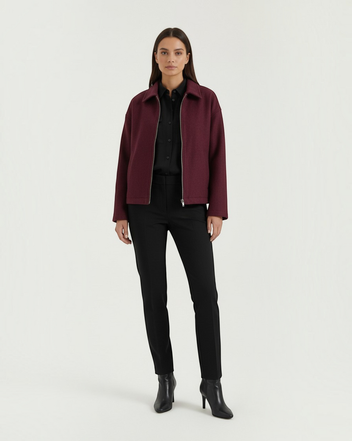 Luna Moda Teresa burgundy zip-up jacket with a relaxed fit and classic collar worn by a model