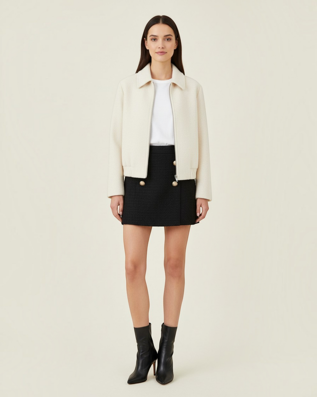 Luna Moda Teresa cream zip-up jacket with a relaxed fit and classic collar worn over a black skirt