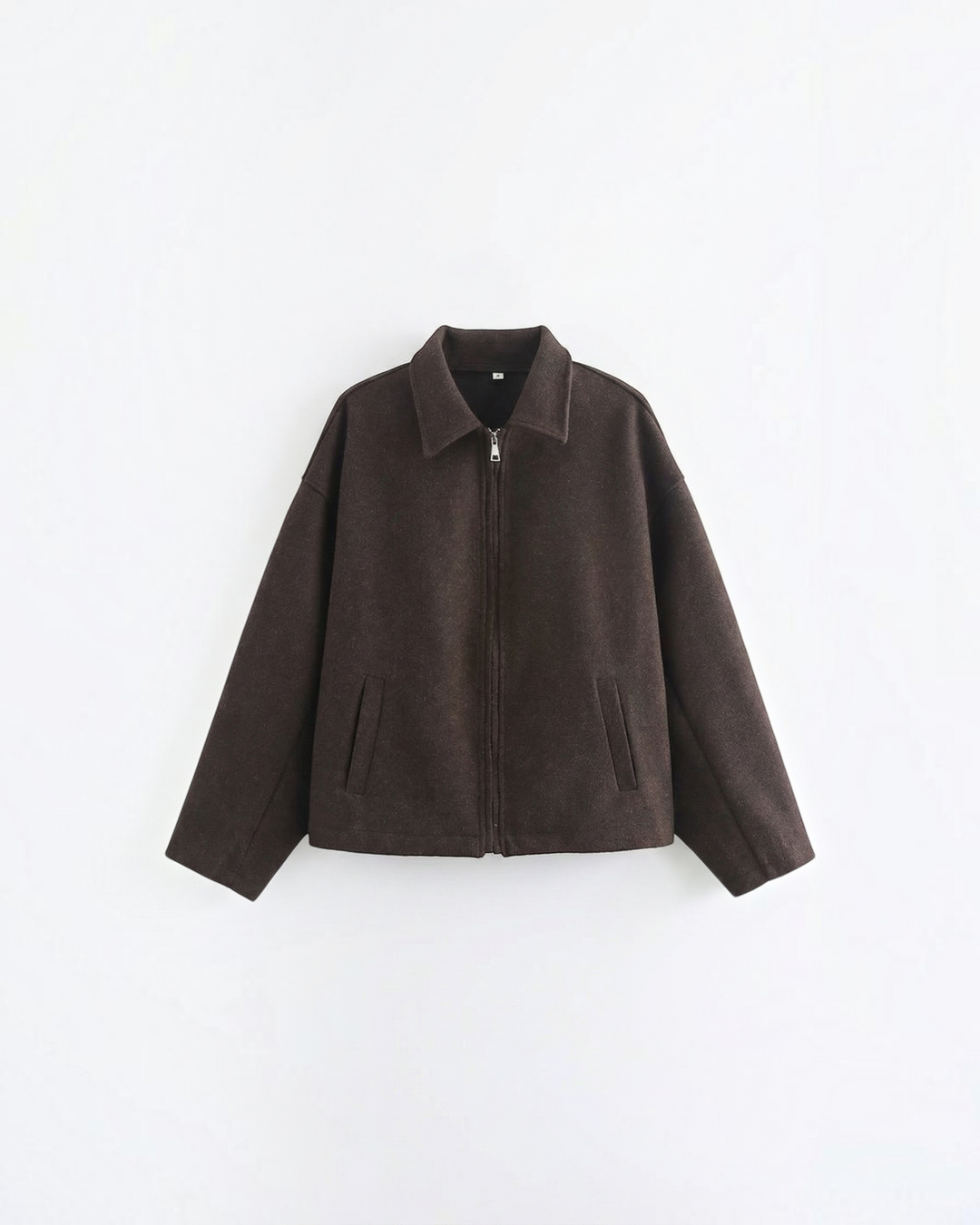Luna Moda Teresa dark brown zip-up jacket with a classic collar and relaxed fit in soft fabric