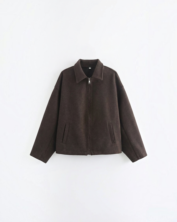 Luna Moda Teresa dark brown zip-up jacket with a classic collar and relaxed fit in soft fabric