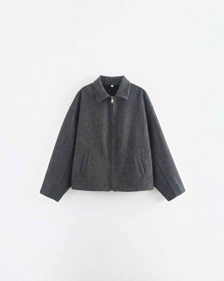 Luna Moda Teresa charcoal grey zip-up jacket with a classic collar and relaxed fit in soft, comfortable fabric.