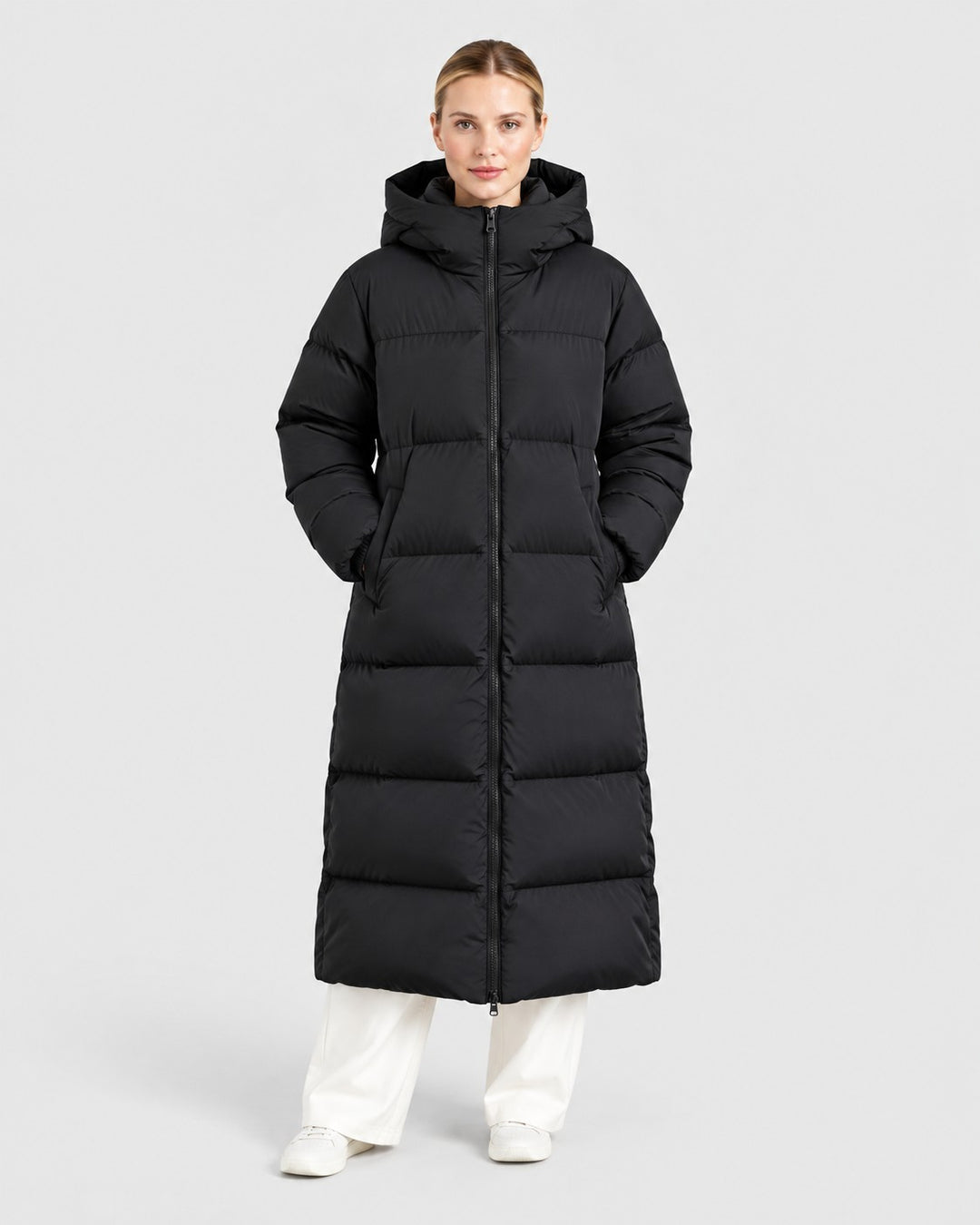 VANNA, cappotto imbottito lungo, indossato – Luna Moda